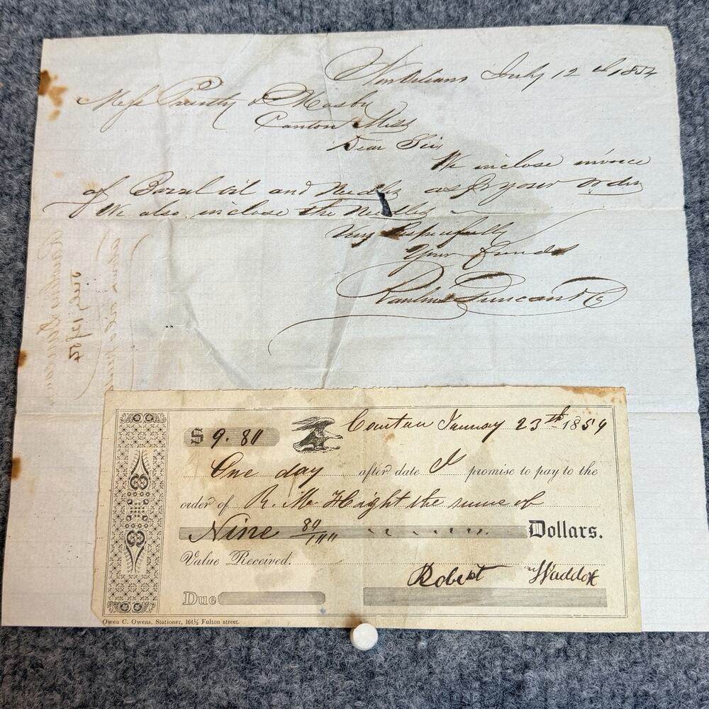 1857 New Orleans Business Letter & 1859 Mississippi Promissory Note Ephemera